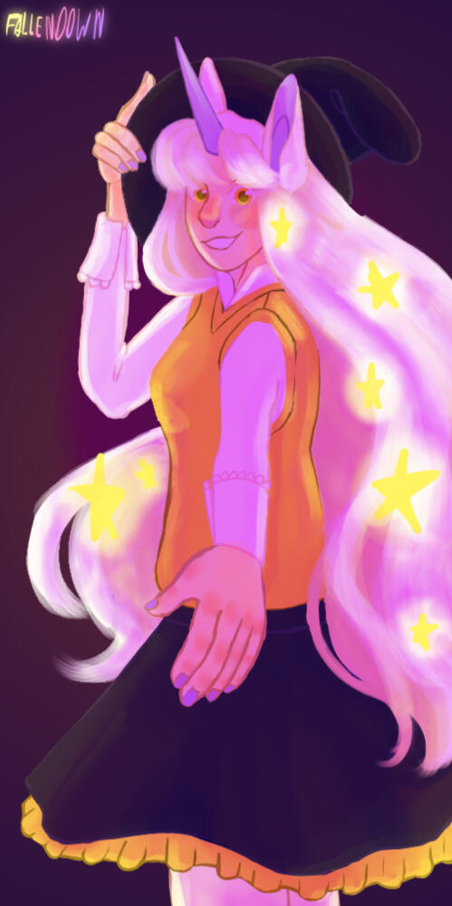 Digital, lineless, thigh up art of my character Caleana [Ka-lee-ana] [she/her]. In this image she is reaching back towards the viewer with an expectant look in her eyes, like she wants you to follow her, while holding on to the brim of her hat. The image i